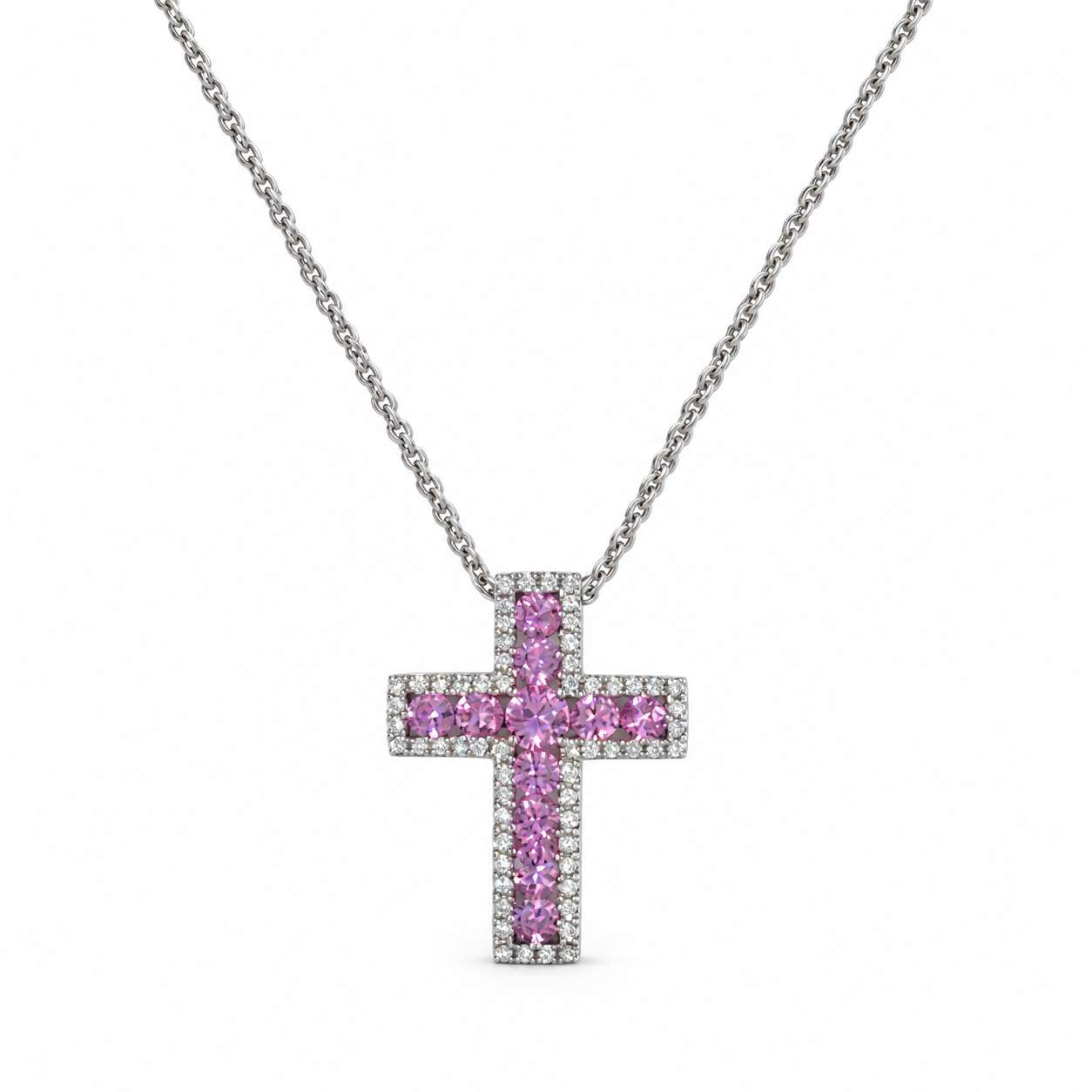 Pink Sapphire & Diamond Cross Necklace