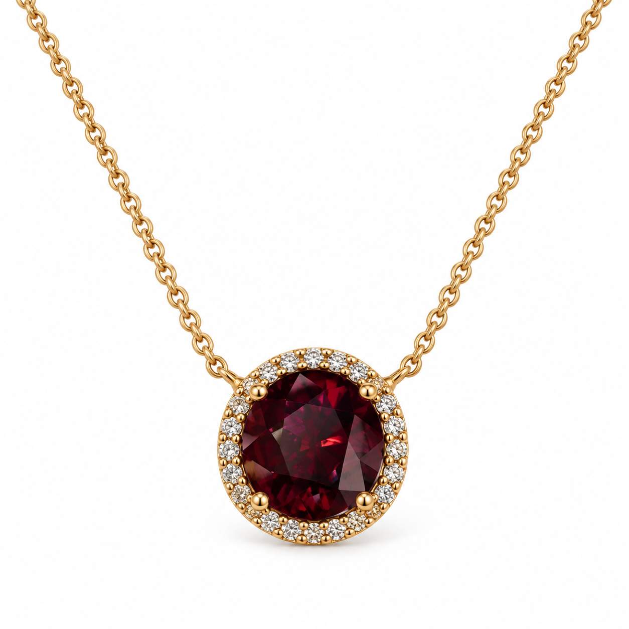 Purple-Red Spinel and Diamond Halo Necklace