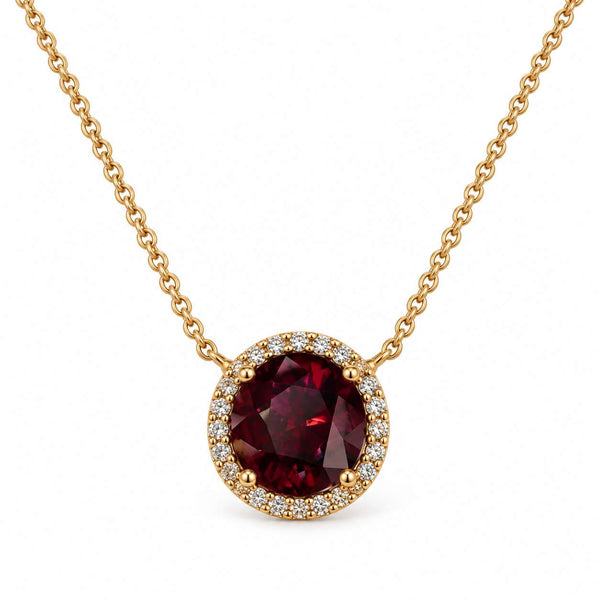 Purple-Red Spinel and Diamond Halo Necklace