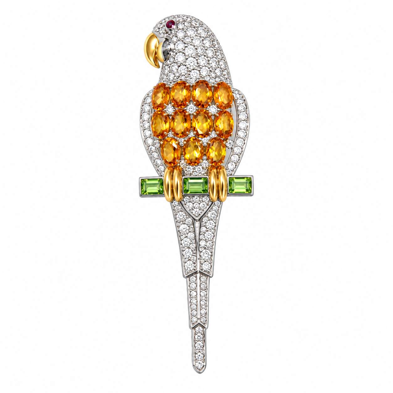 18K Two-Tone Gold Multi-Gem Parrot Brooch