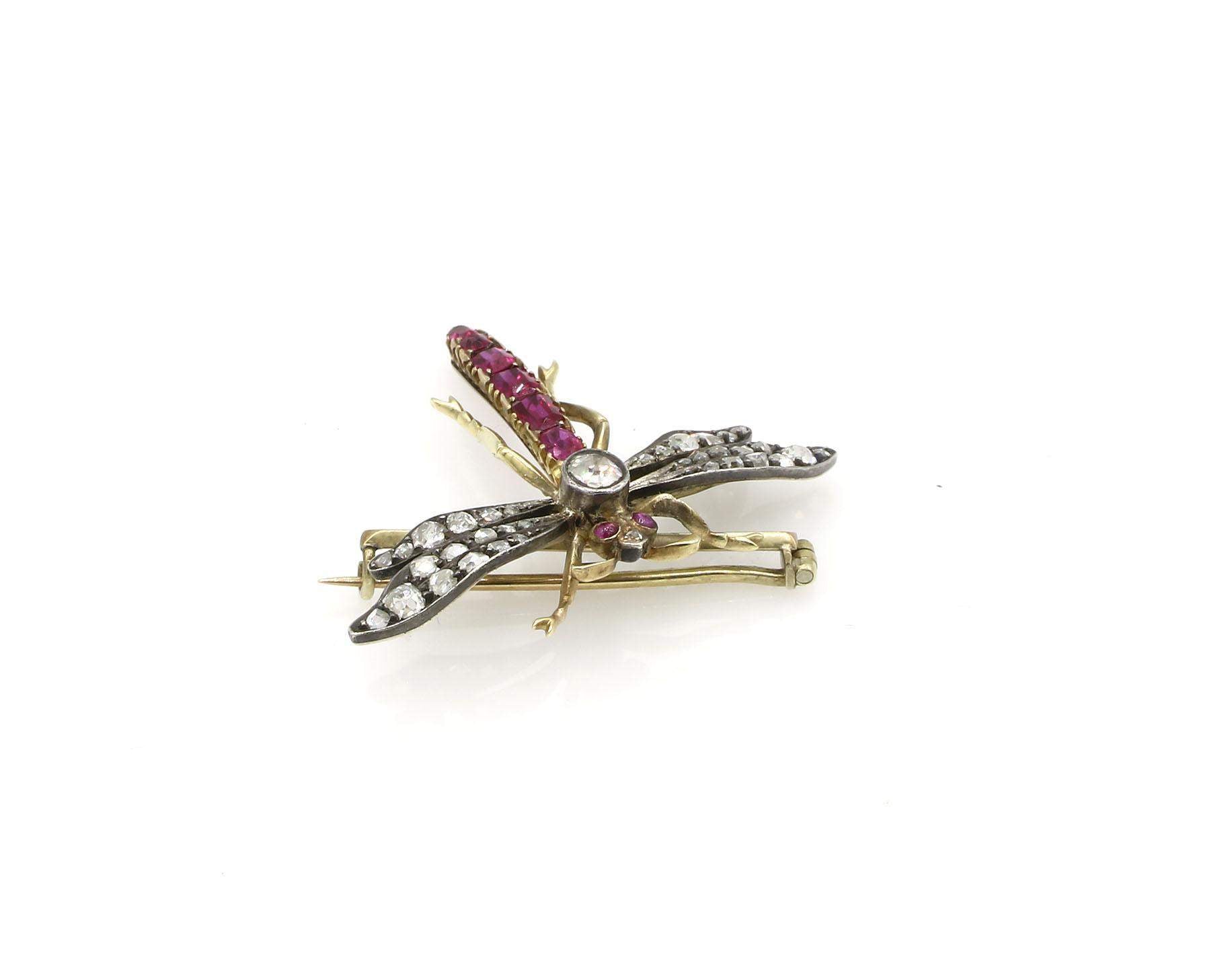 Circa 1890s Ruby & Diamond Dragonfly Brooch