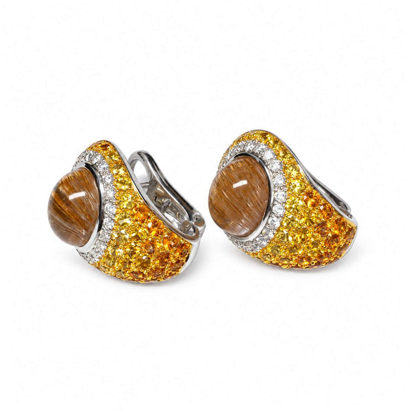 Rutilated Quartz, Yellow & Orange Sapphire Diamond Earrings