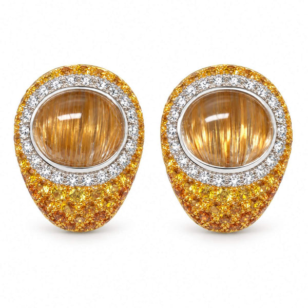 Rutilated Quartz, Yellow & Orange Sapphire Diamond Earrings