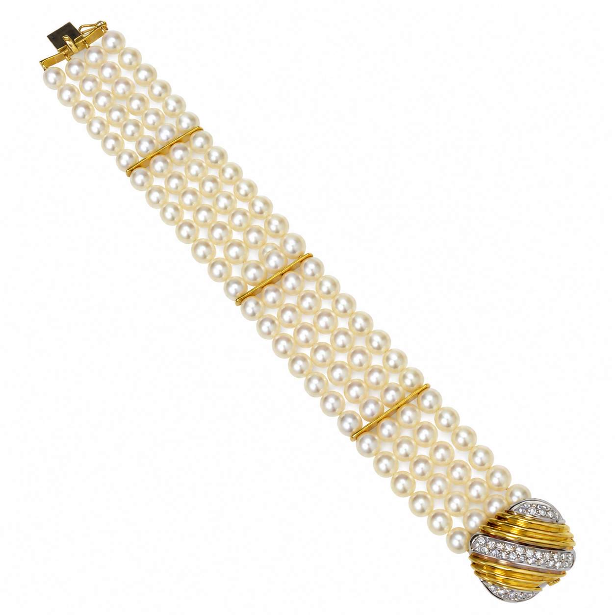 Italian Four-Strand Cultured Pearl & Diamond Bracelet