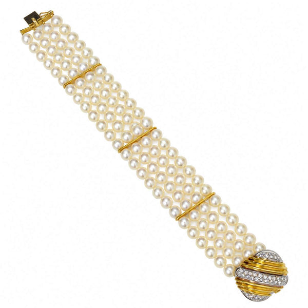 Italian Four-Strand Cultured Pearl & Diamond Bracelet