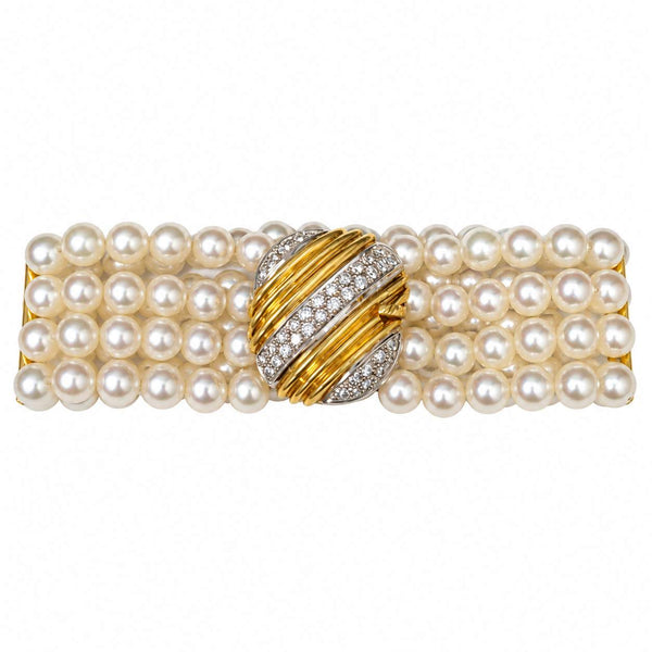 Italian Four-Strand Cultured Pearl & Diamond Bracelet