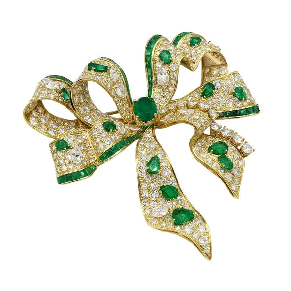 SABBADINI EMERALD AND DIAMOND BOW BROOCH