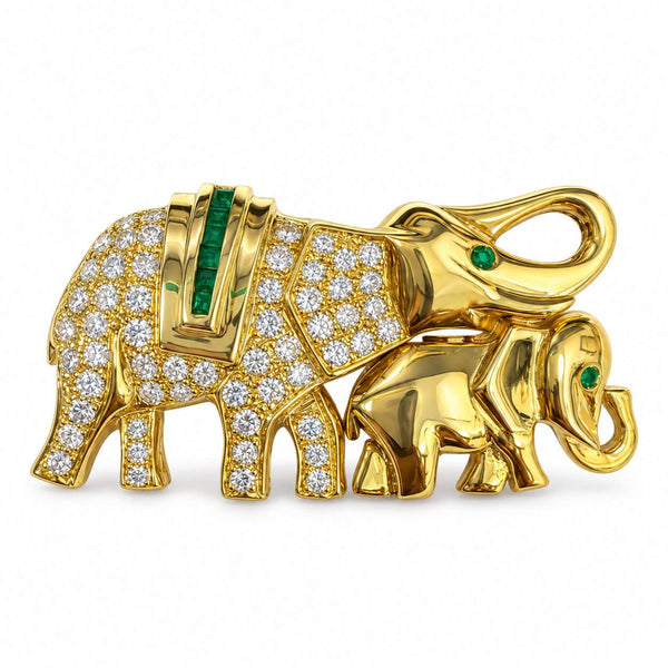 Emerald & Diamond Elephant Family Brooch