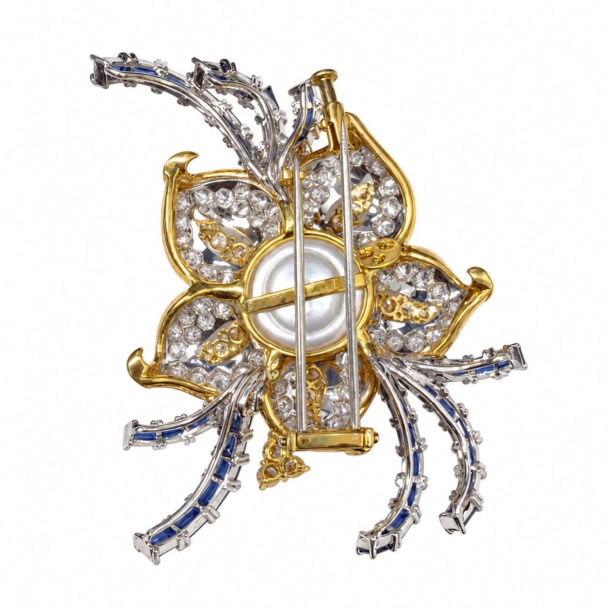 South Sea Pearl, Diamond & Sapphire Floral Brooch