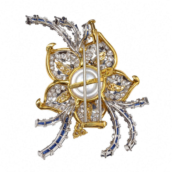 South Sea Pearl, Diamond & Sapphire Floral Brooch