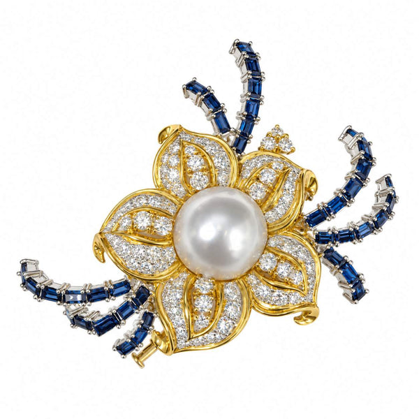 South Sea Pearl, Diamond & Sapphire Floral Brooch