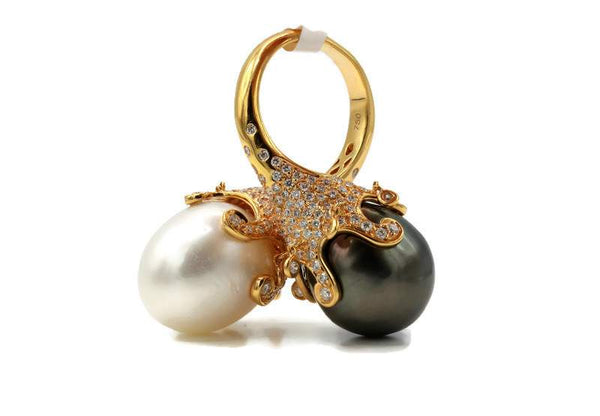 18K Yellow Gold Diamond, South Sea & Tahitian Pearl Statement Ring