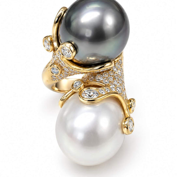 18K Yellow Gold Diamond, South Sea & Tahitian Pearl Statement Ring