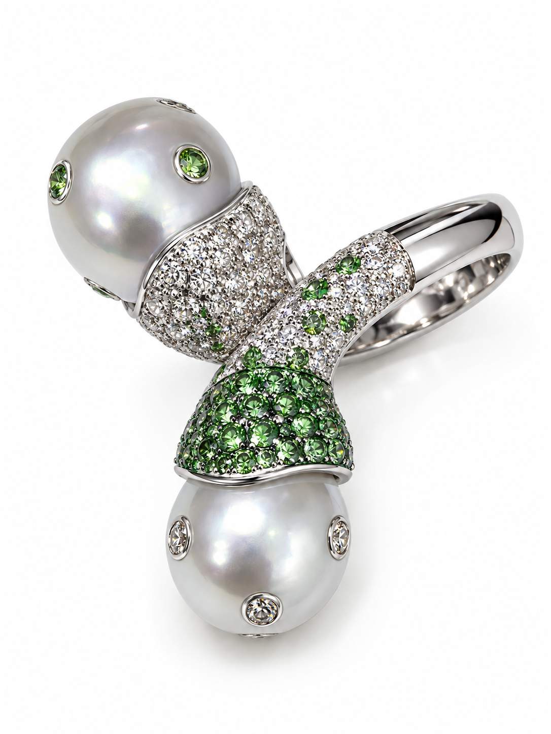 18K White Gold South Sea Pearl, Diamond & Green Tsavorite Ring