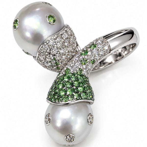 18K White Gold South Sea Pearl, Diamond & Green Tsavorite Ring