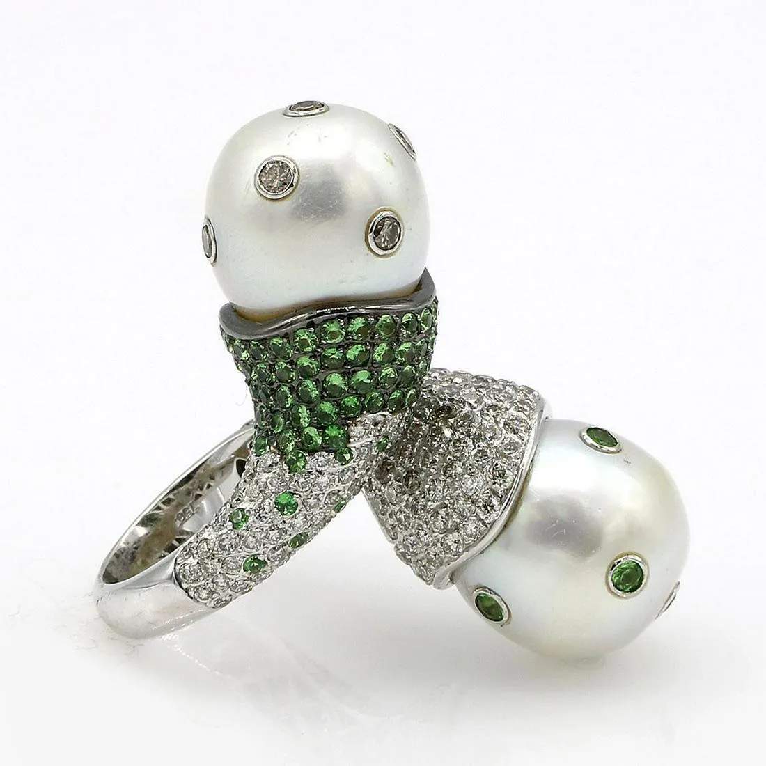 18K White Gold South Sea Pearl, Diamond & Green Tsavorite Ring