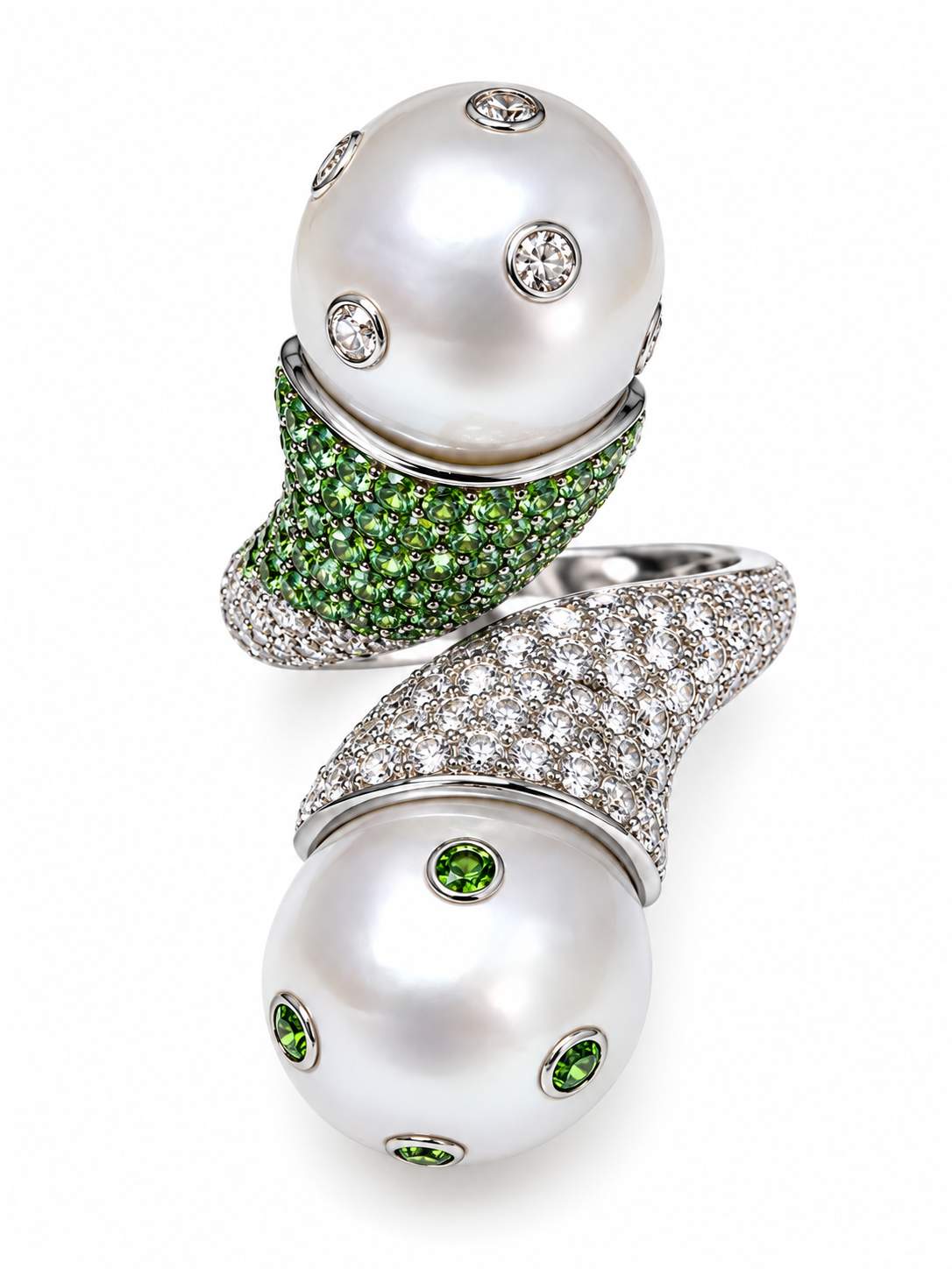 18K White Gold South Sea Pearl, Diamond & Green Tsavorite Ring