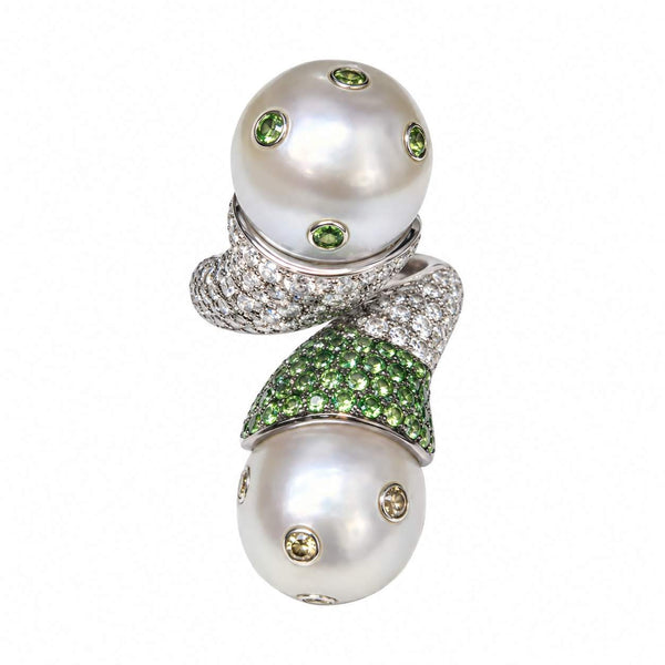 18K White Gold South Sea Pearl, Diamond & Green Tsavorite Ring