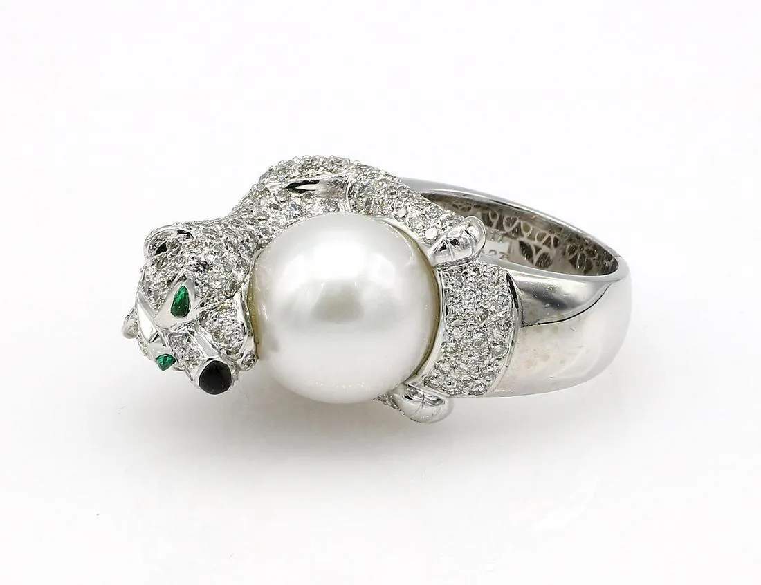 South Sea Pearl, Emerald & Diamond Statement Cat Ring