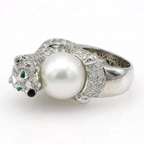 South Sea Pearl, Emerald & Diamond Statement Cat Ring