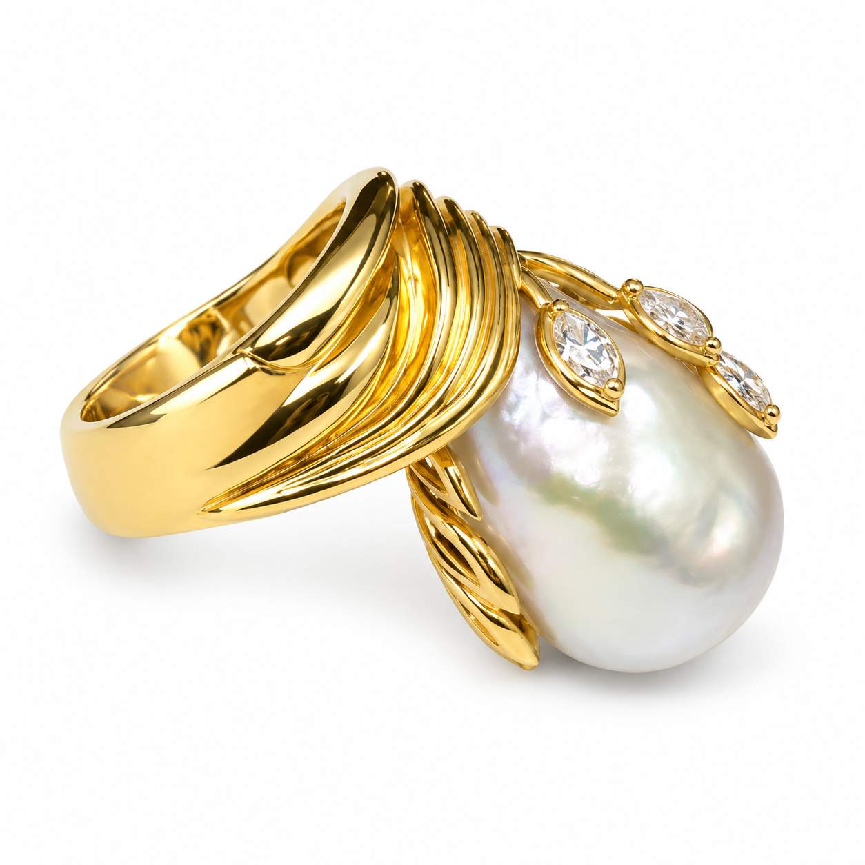 18K Yellow Gold South Sea Baroque Pearl & Diamond Ring