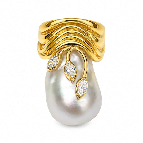 18K Yellow Gold South Sea Baroque Pearl & Diamond Ring