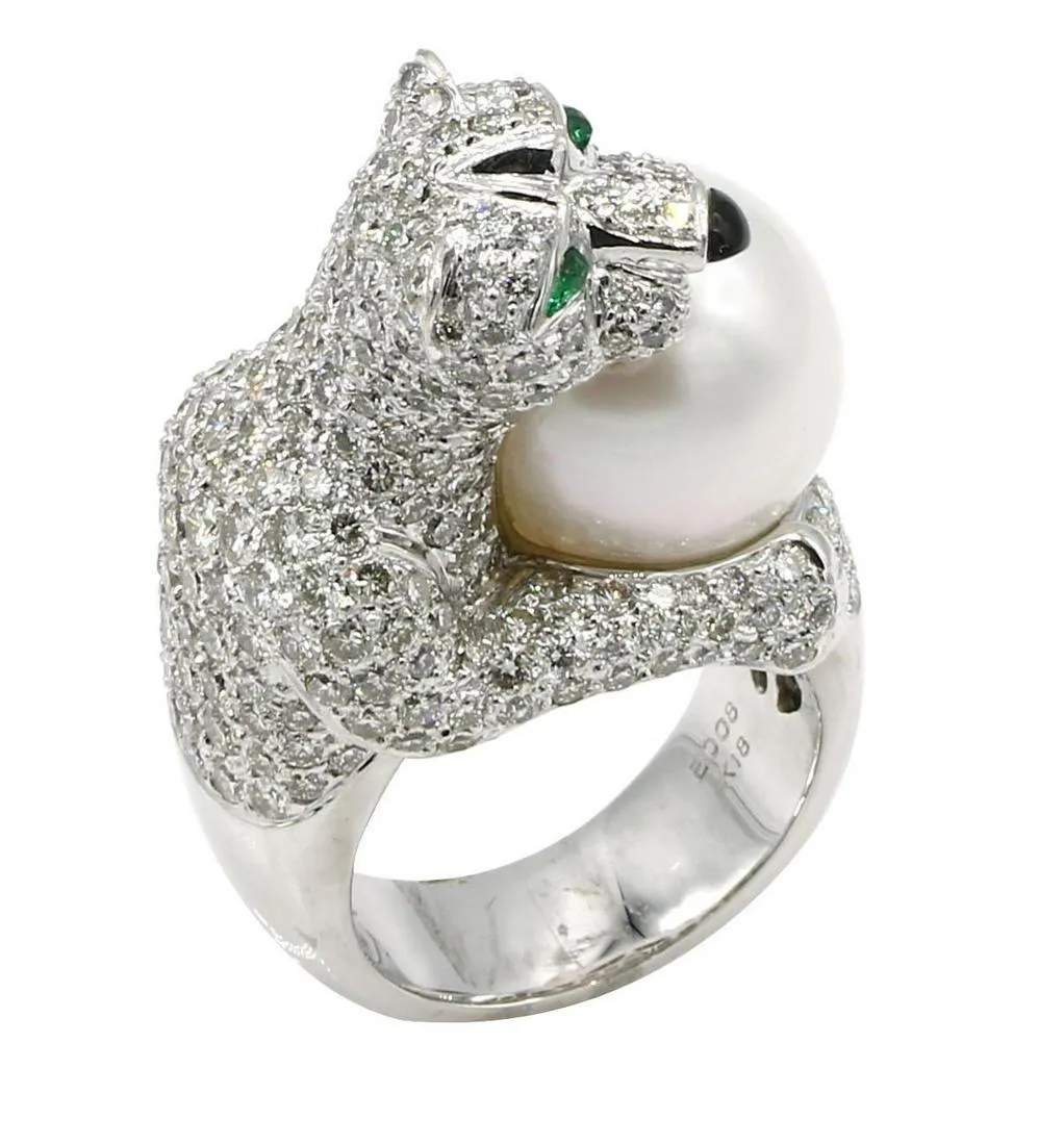 South Sea Pearl, Emerald & Diamond Statement Cat Ring