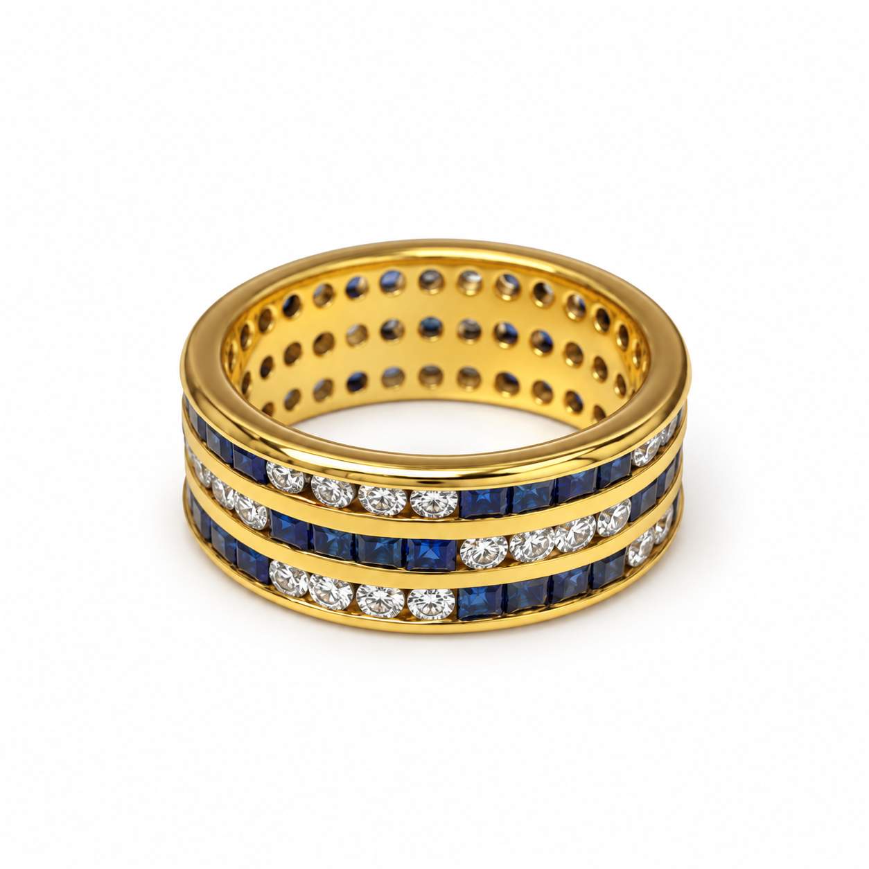 Sapphire and Diamond Three-Row Eternity Band