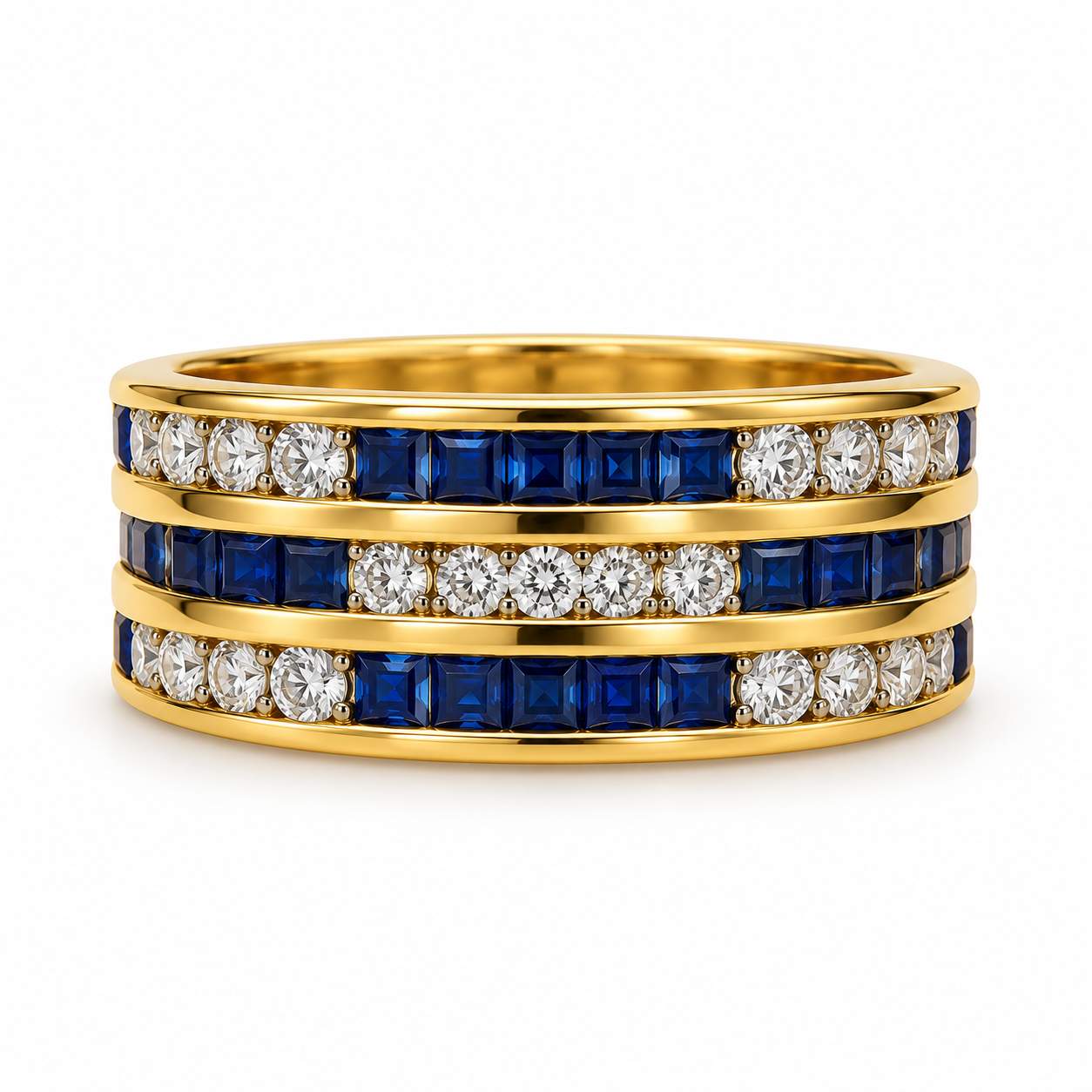 Sapphire and Diamond Three-Row Eternity Band