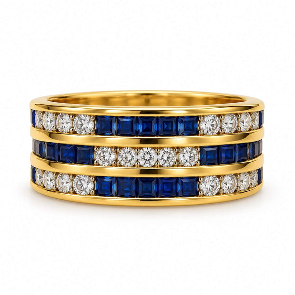 Sapphire and Diamond Three-Row Eternity Band