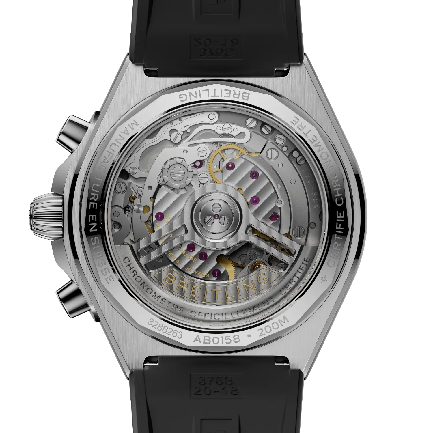 Close-up of a Breitling watch with visible mechanical components on a white background