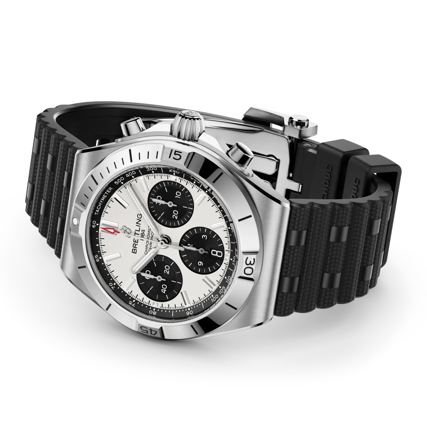 Silver Breitling watch with black rubber strap on a white background