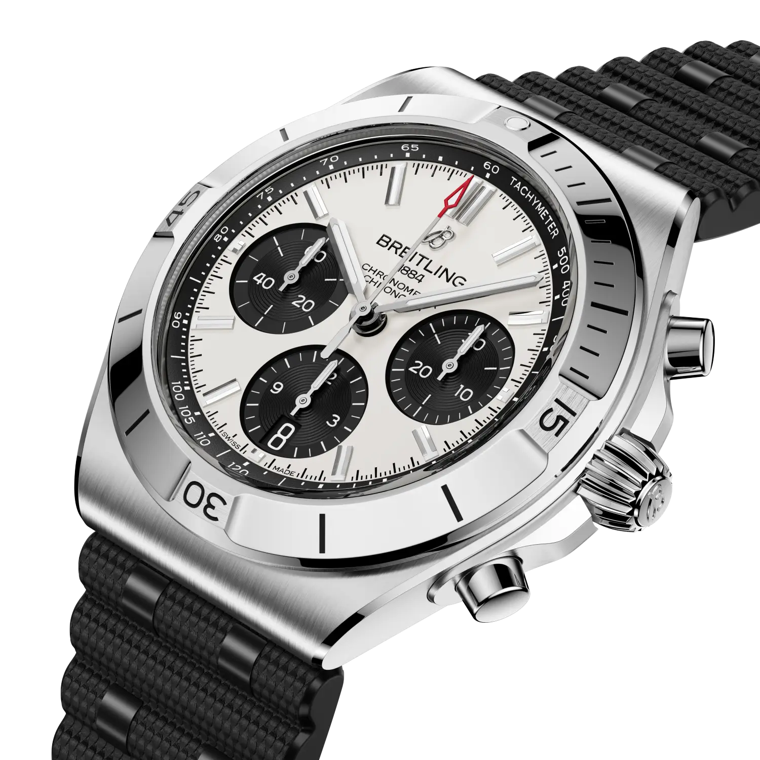 Breitling watch with black strap and silver case on a white background