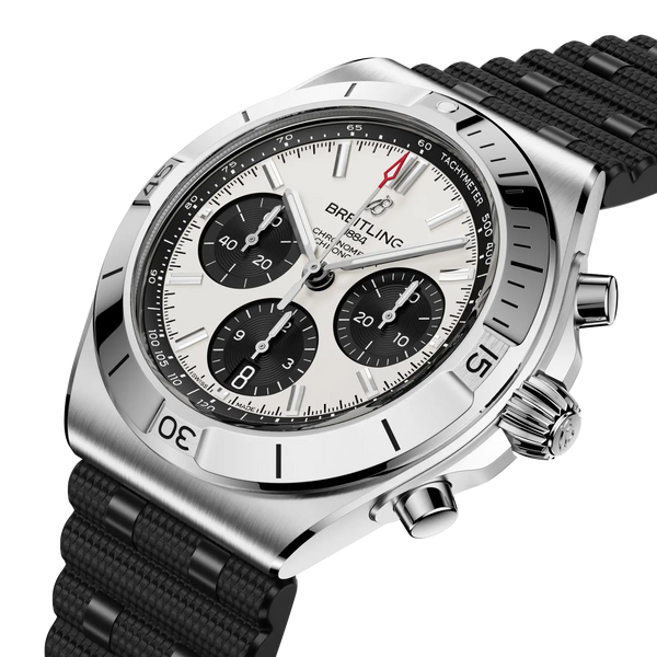 Breitling watch with black strap and silver case on a white background