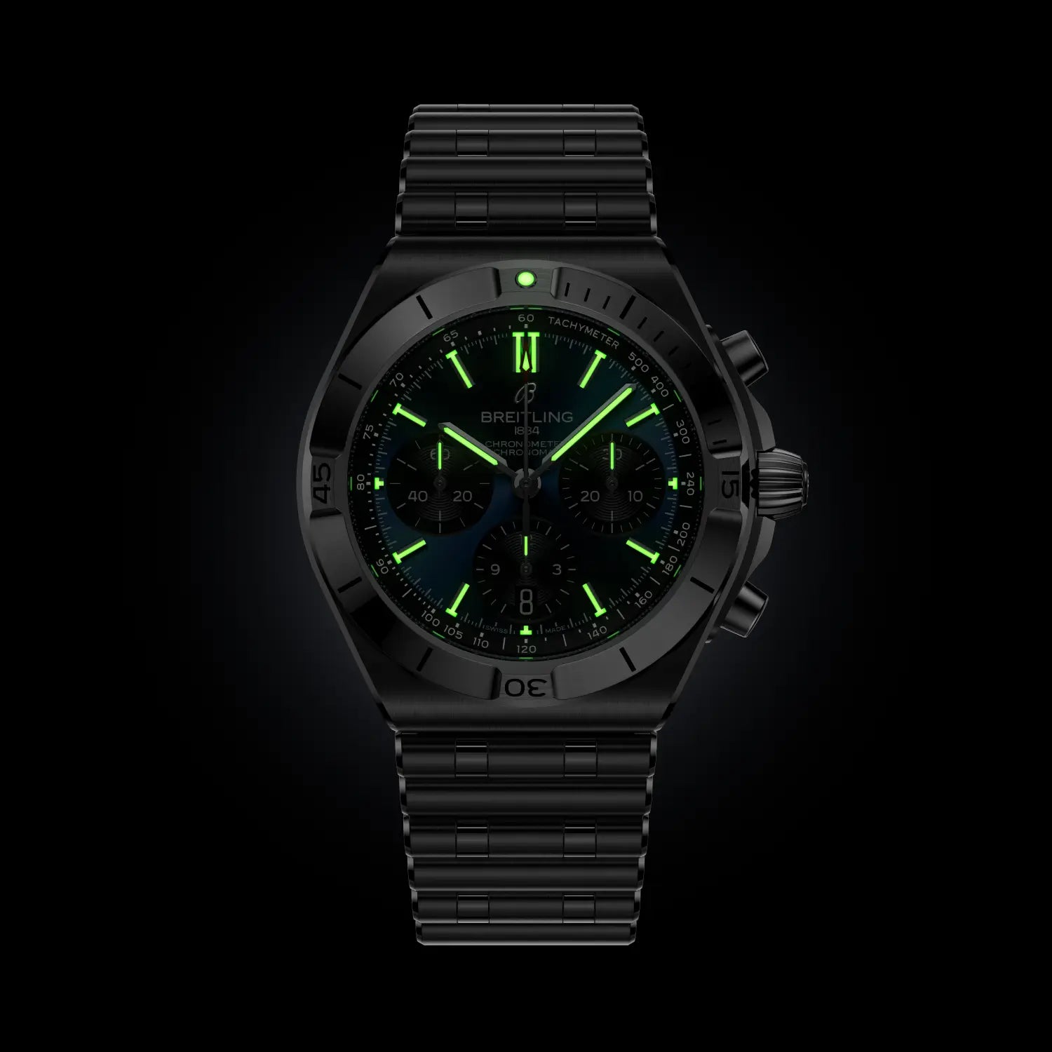 Black watch with green digital display on a black background