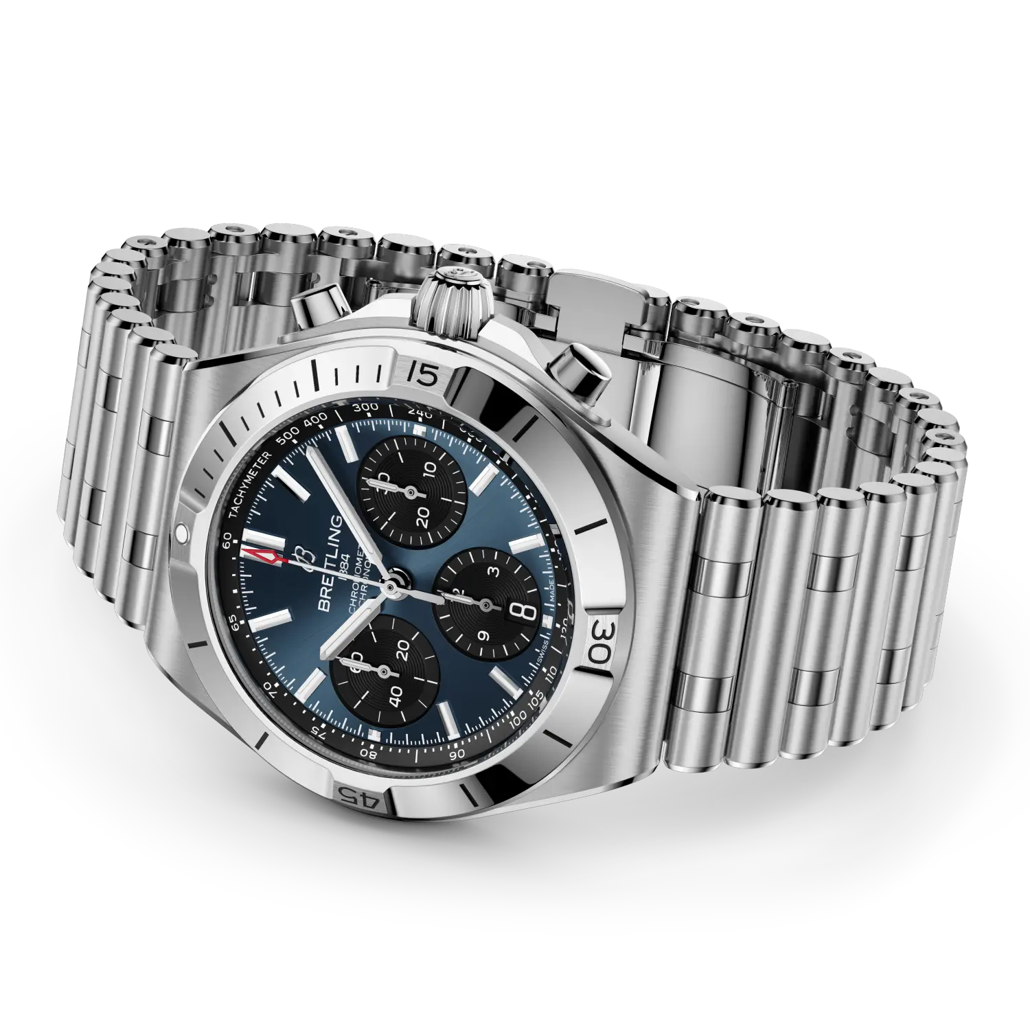 Silver watch with a green face on a white background