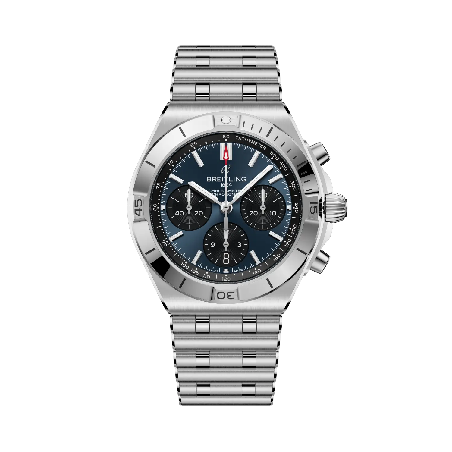 Breitling watch with green dial and silver bracelet on a white background