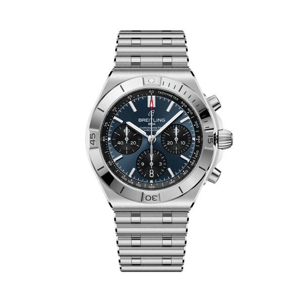Breitling watch with green dial and silver bracelet on a white background