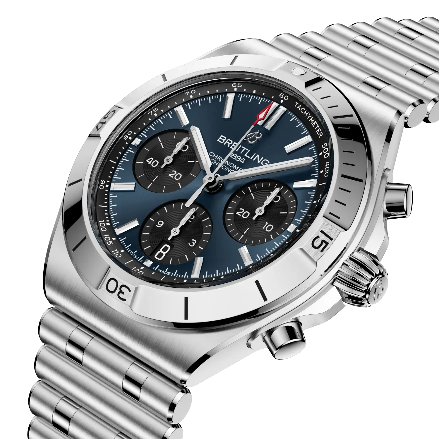 Steel Breitling watch with a blue dial on a white background