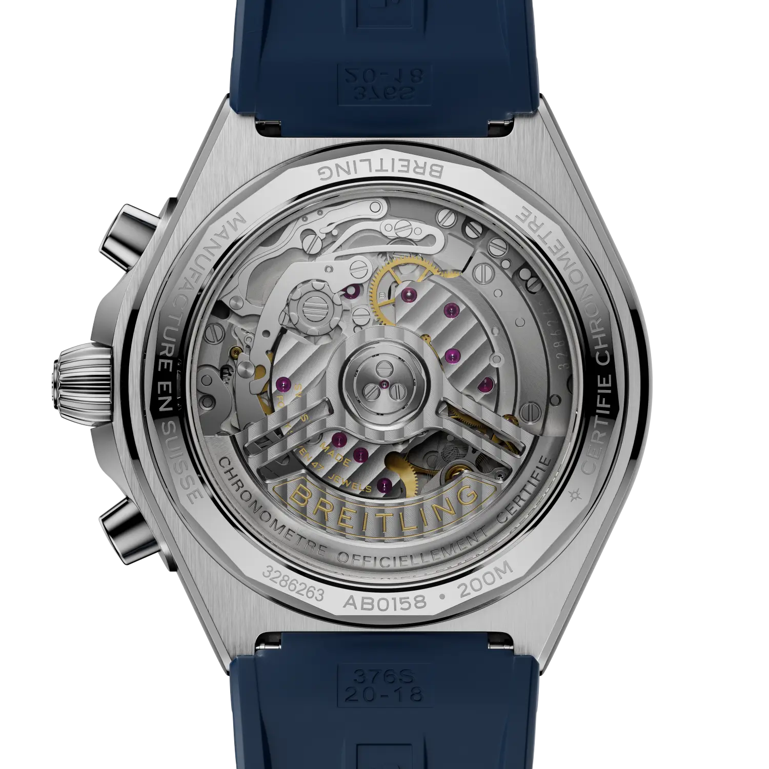 Watch with blue strap and visible mechanical components on a white background