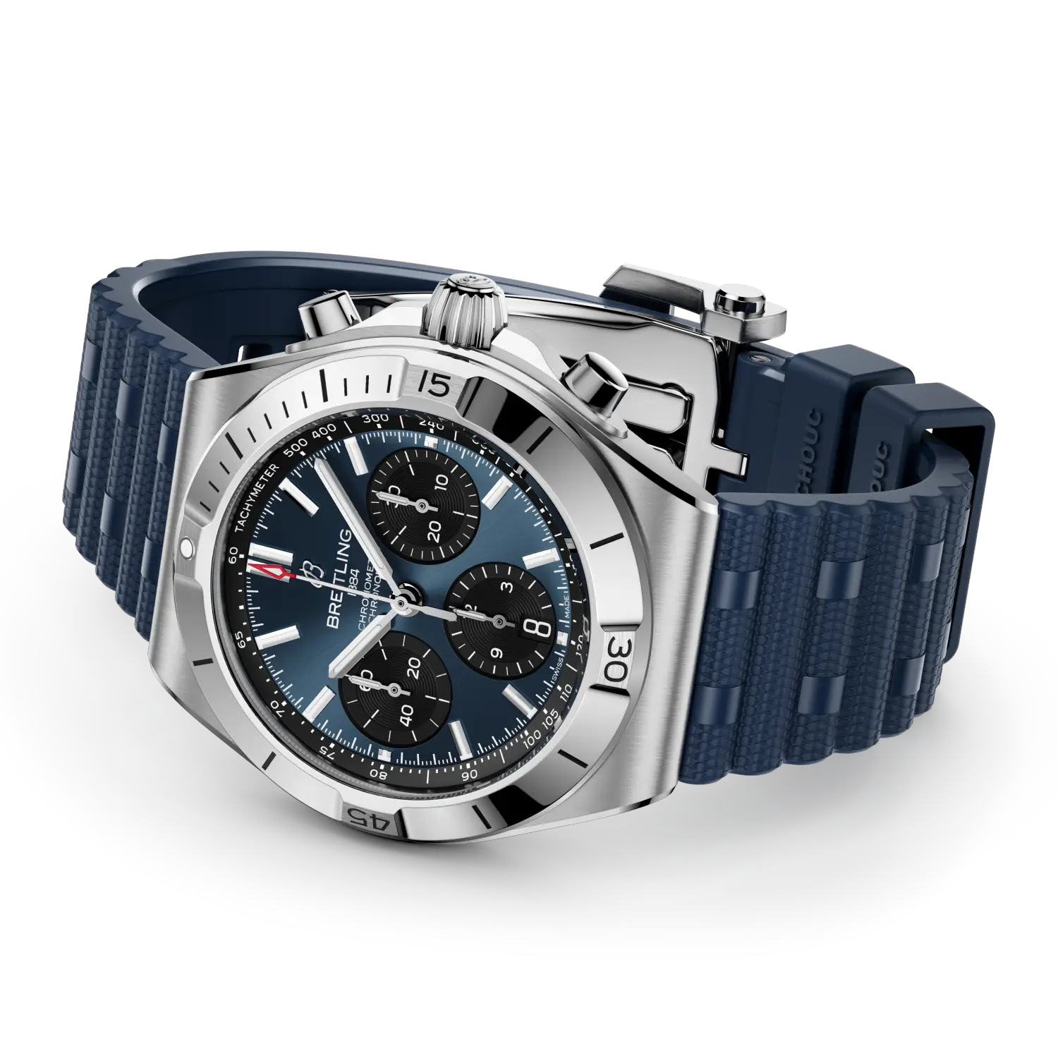 Luxury watch with blue strap and detailed face on a white background
