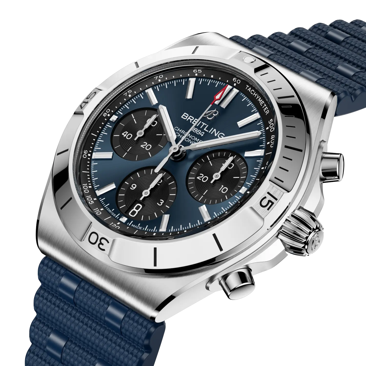 Breitling watch with blue strap and blue dial on a white background