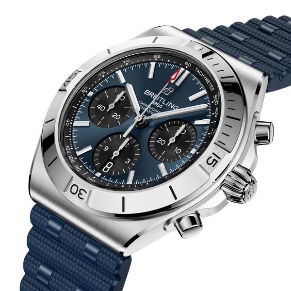 Breitling watch with blue strap and blue dial on a white background