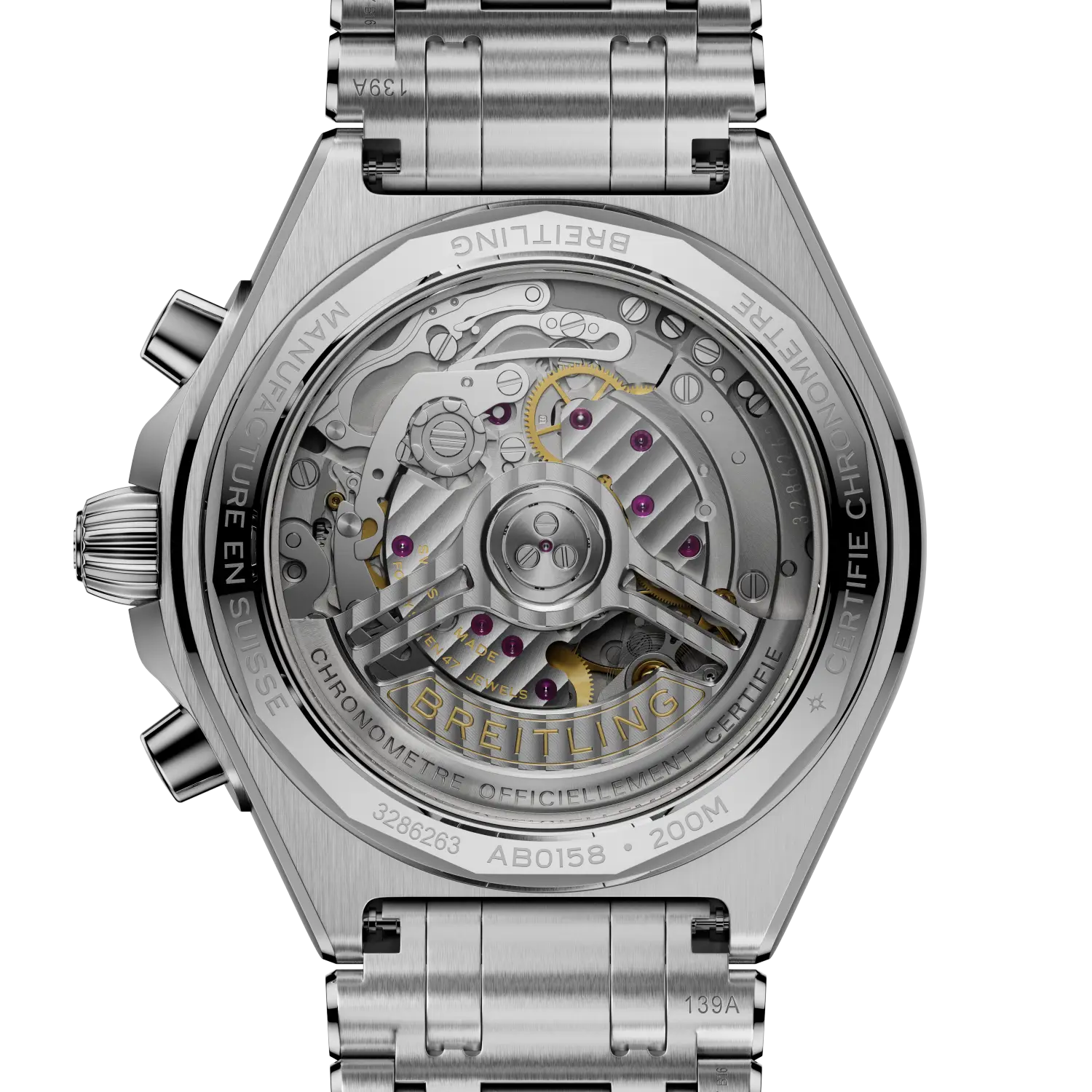 Silver Breitling watch with mechanical components on a white background
