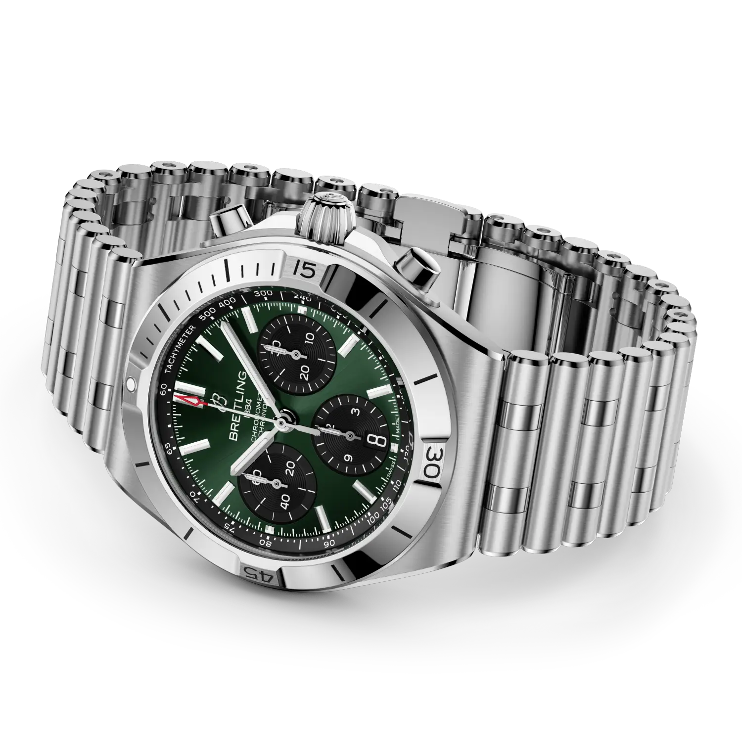 Silver watch with a green face on a white background