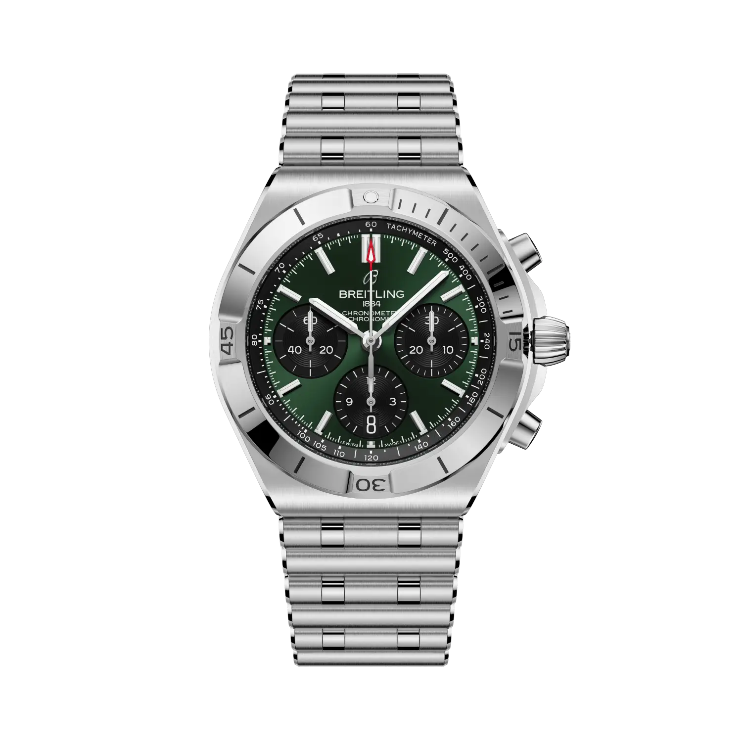 Breitling watch with green dial and silver bracelet on a white background