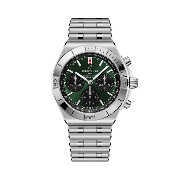 Breitling watch with green dial and silver bracelet on a white background