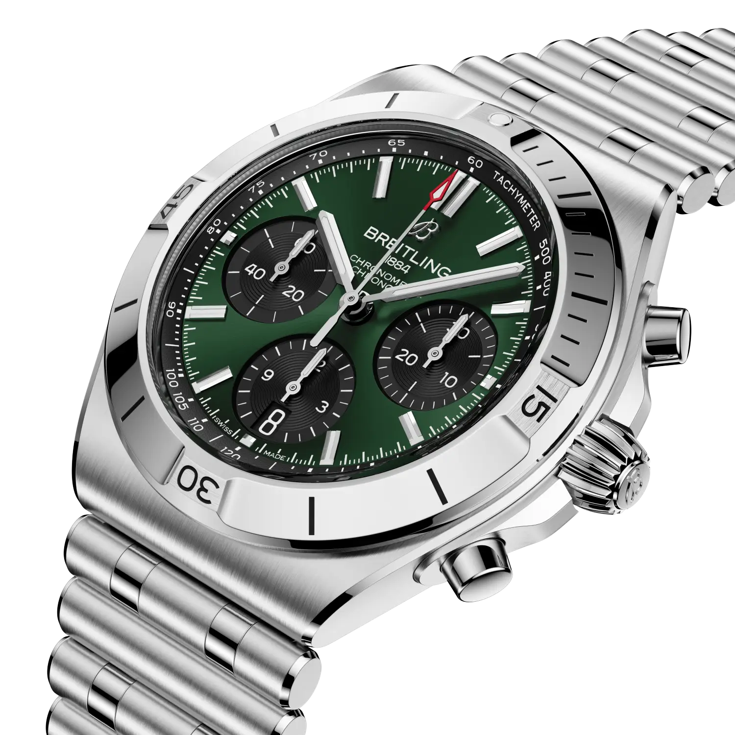 Silver Breitling watch with a green dial on a white background