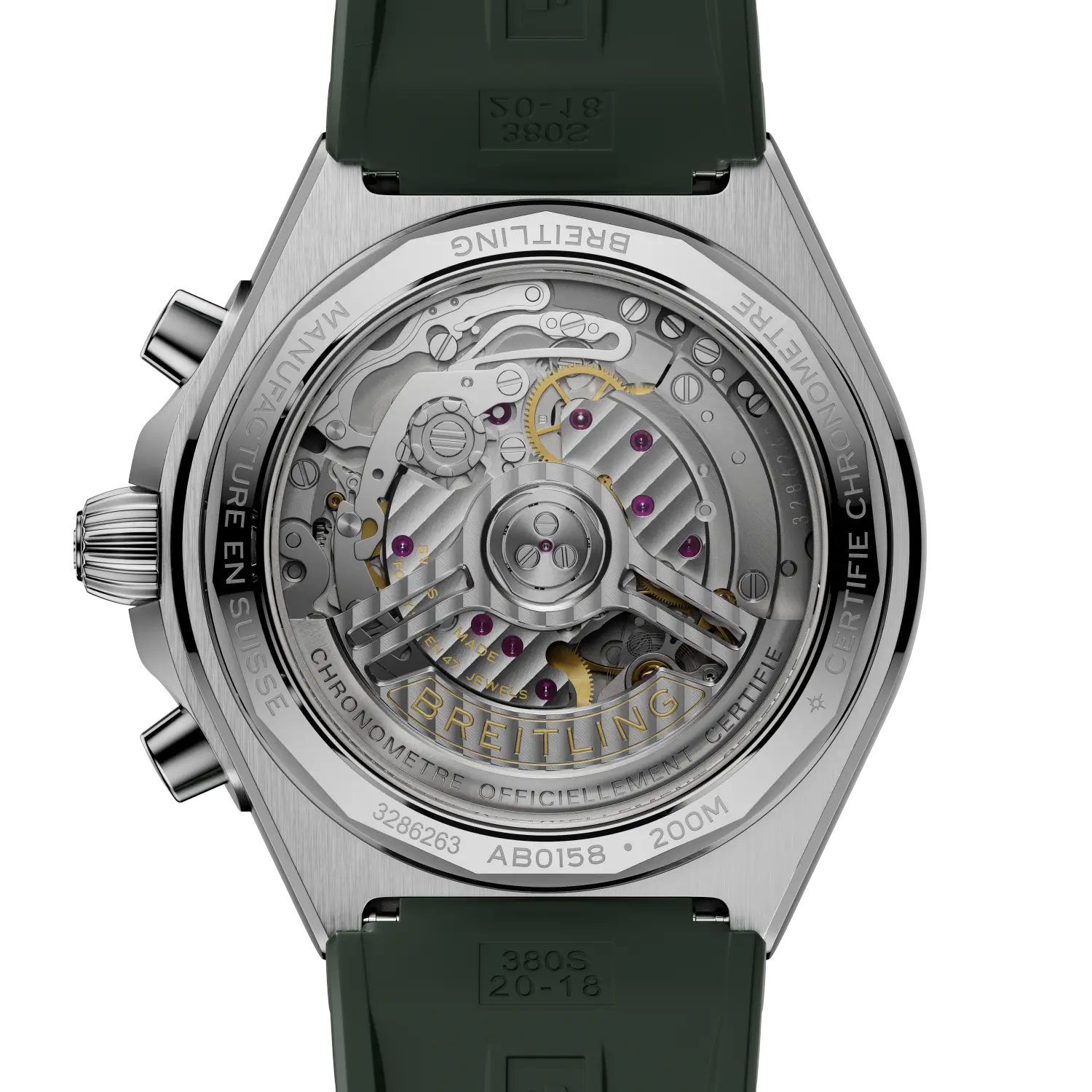 Close-up of a Breitling watch with visible mechanical components on a white background