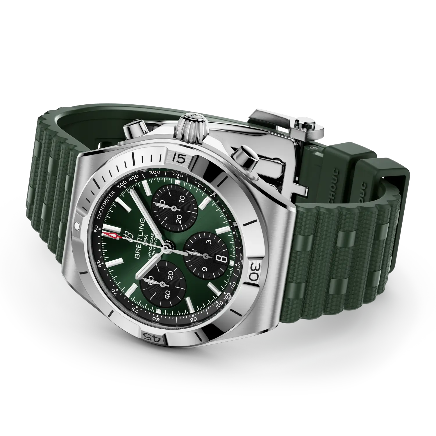 Green watch with silver case on a white background